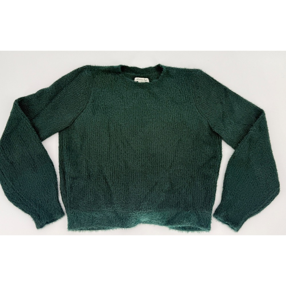 American Eagle Womens Sweater Forest Green Fuzzy Eyelash Knit Open Back Bow S